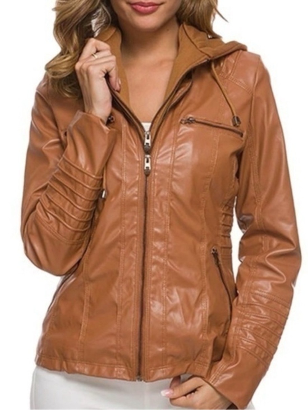 Sexyshine | Brown Hooded Faux Leather Jacket Zipper Up Moto Biker Bomber
